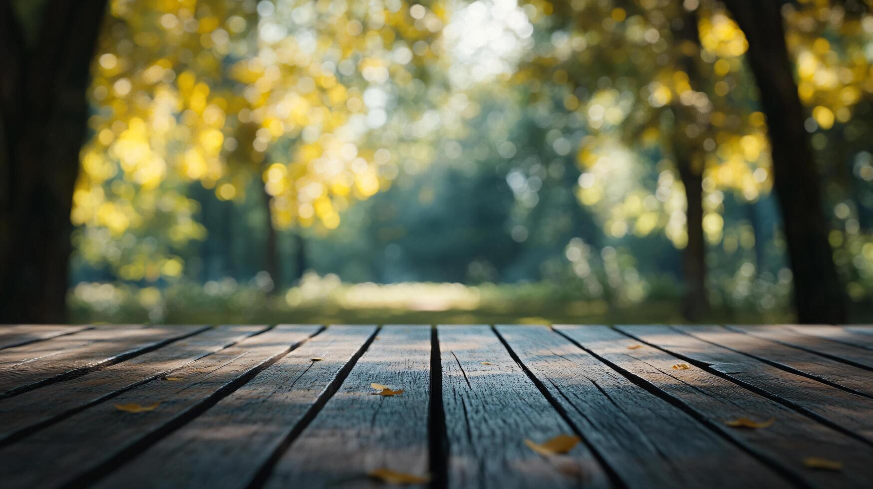 A wooden table with a view of trees and leaves photo