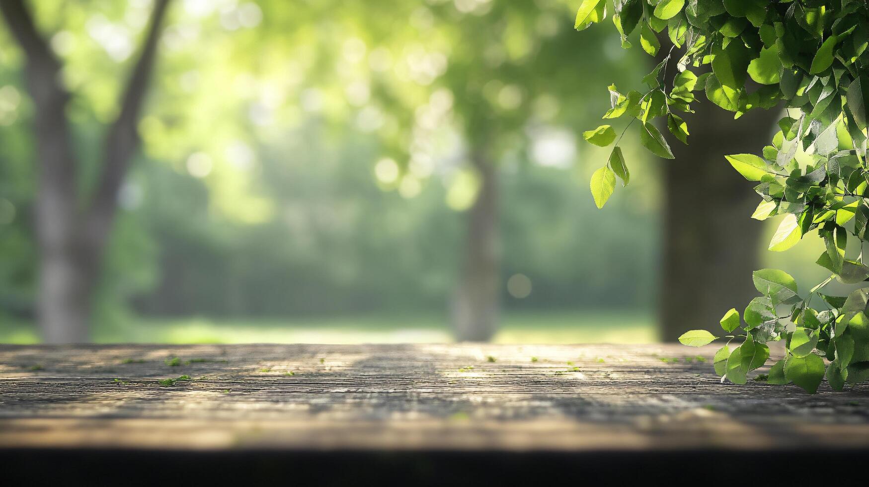 A wooden table with a view of trees and a leafy green bush photo