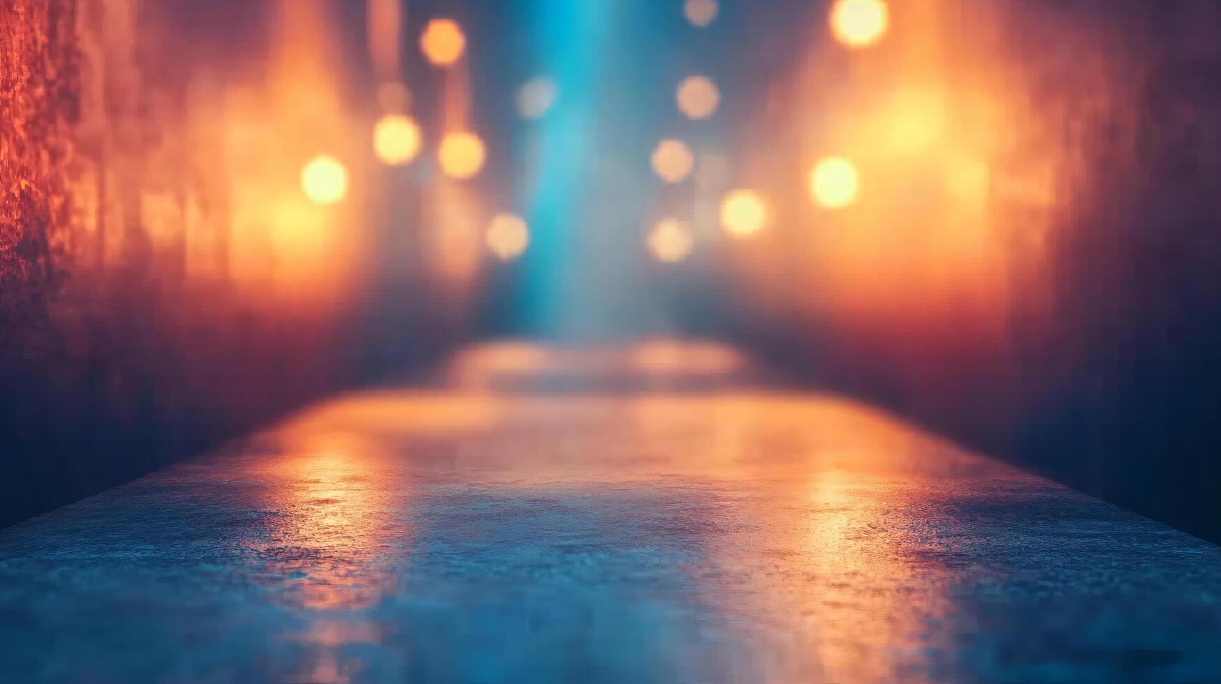 A blurry image of a street with a reflection of lights on the ground photo
