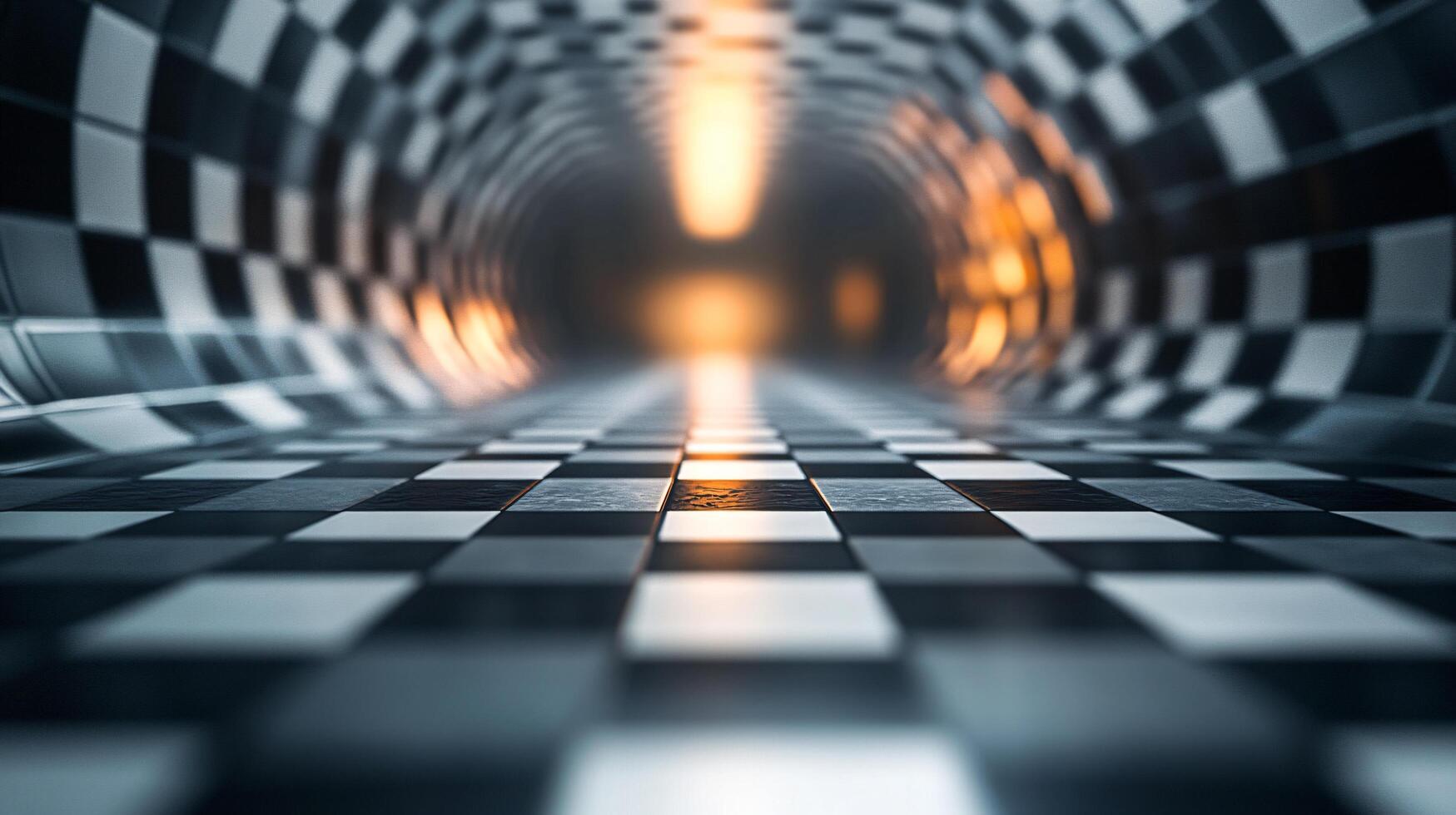 A checkered floor with a dark tunnel in the middle photo