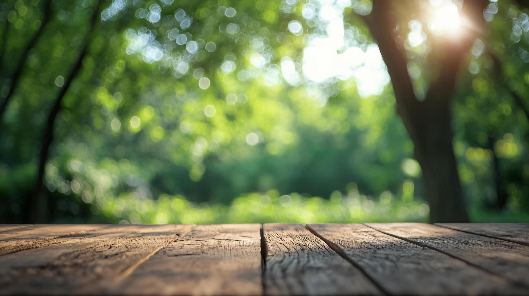 A wooded area with a tree in the foreground and a wooden table in the background photo