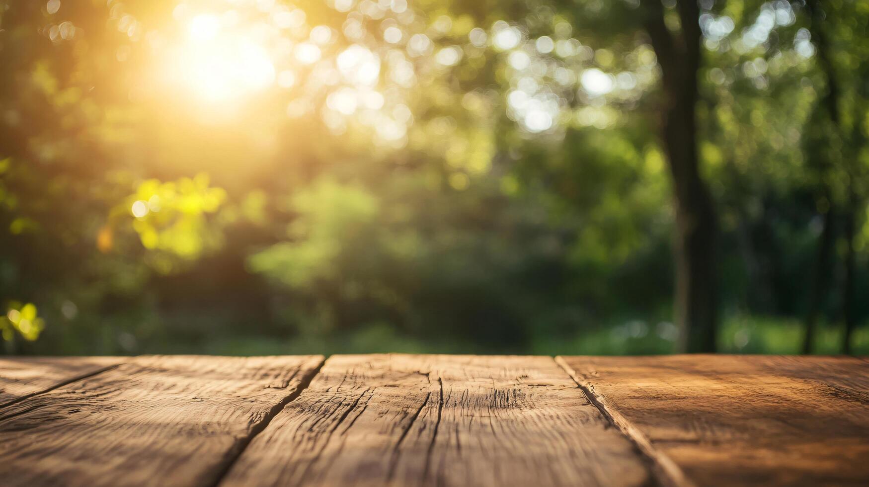 A wooden table with a view of trees and a bright sun photo