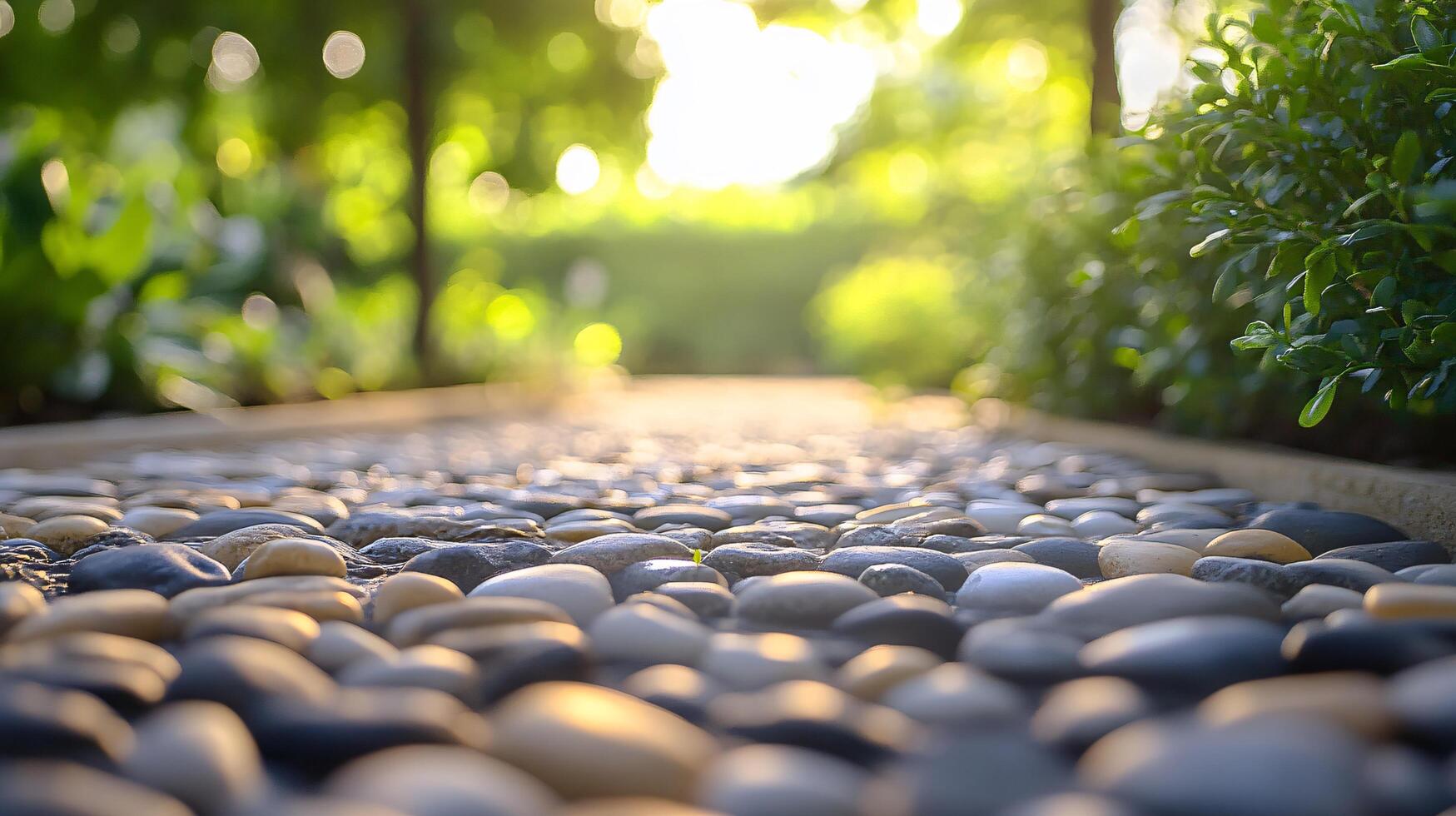 A path made of rocks is surrounded by bushes photo