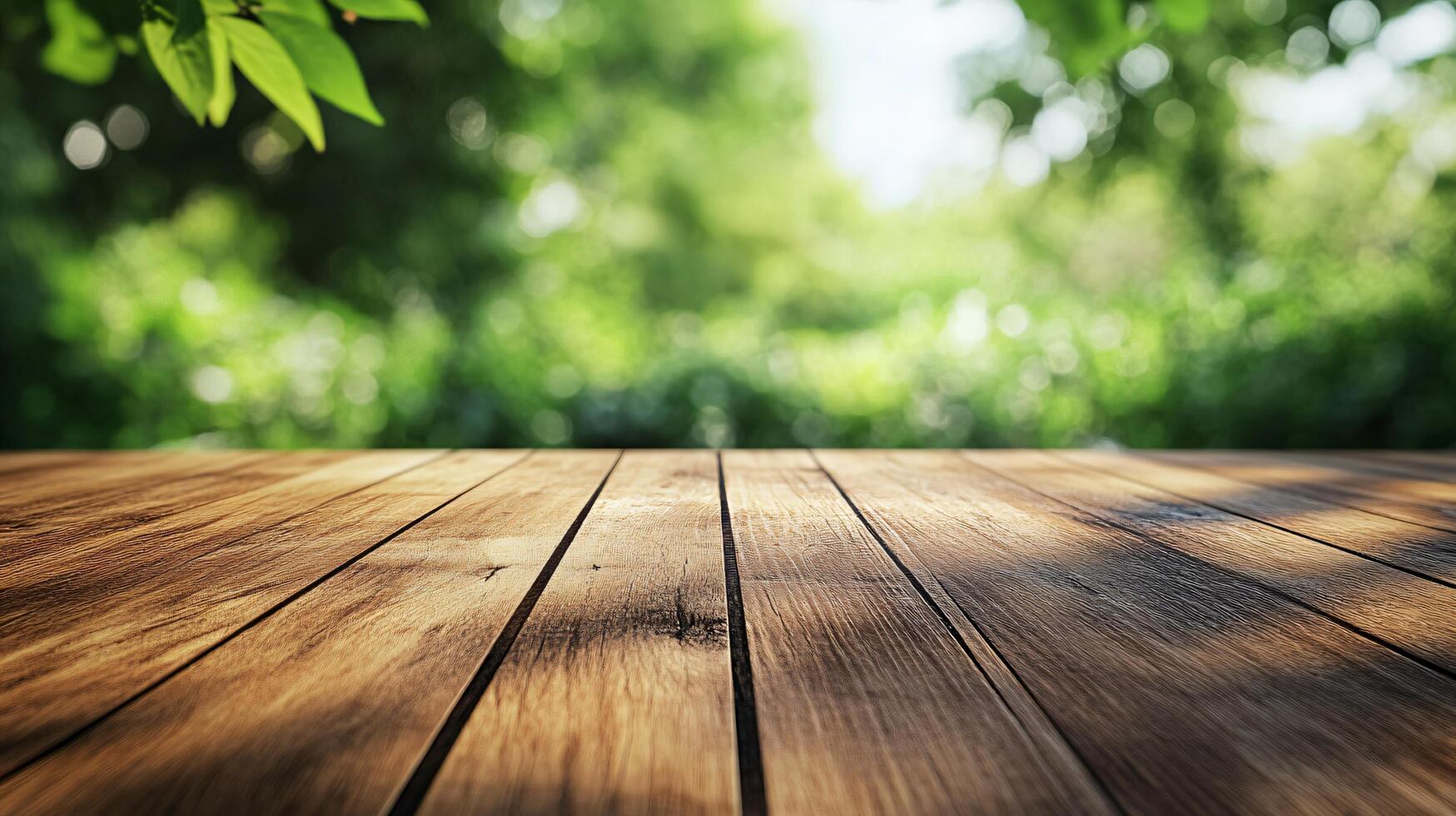 A wooden table with a view of a lush green forest photo