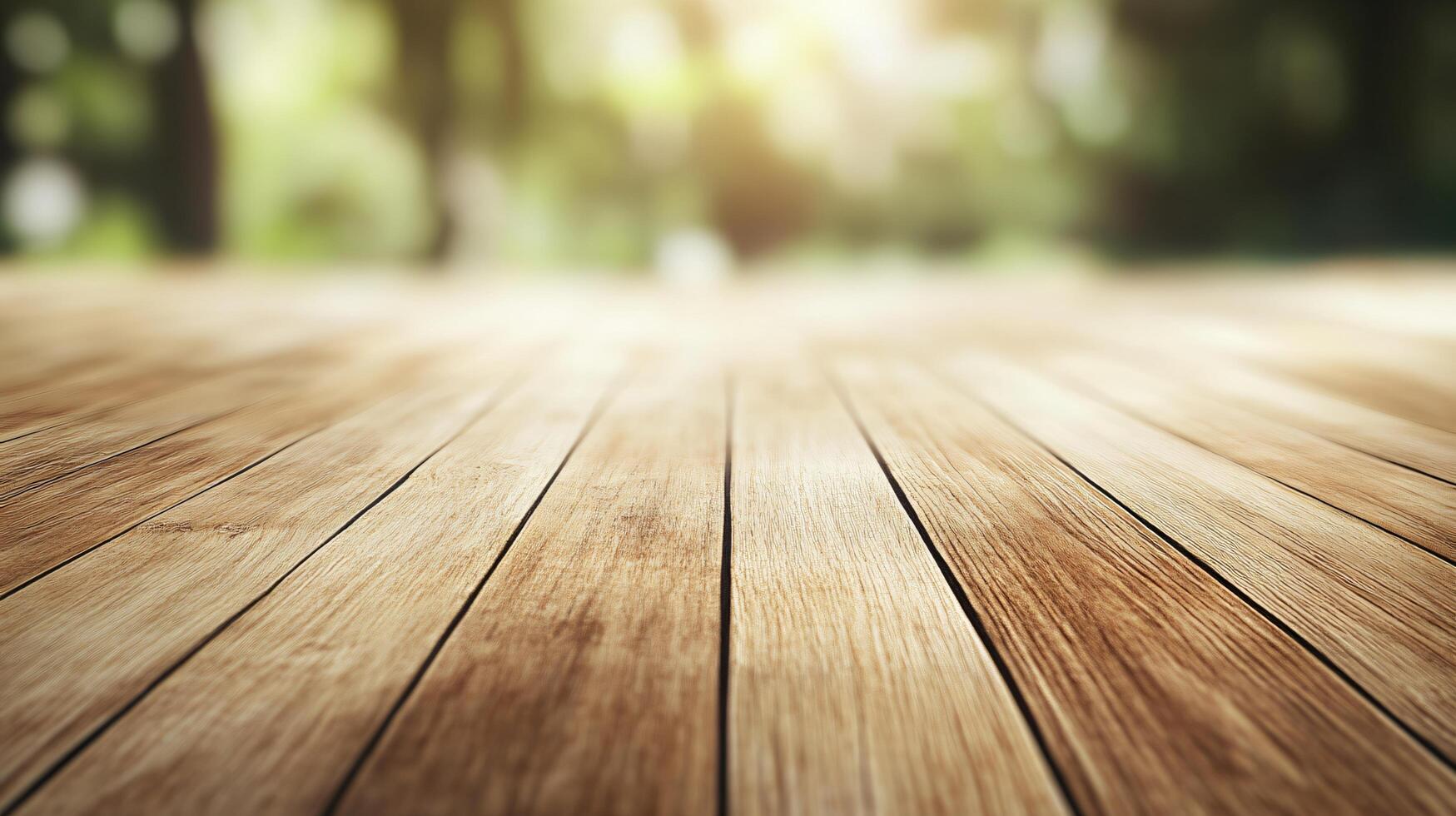 A wooden floor with a view of trees and a bright sun photo