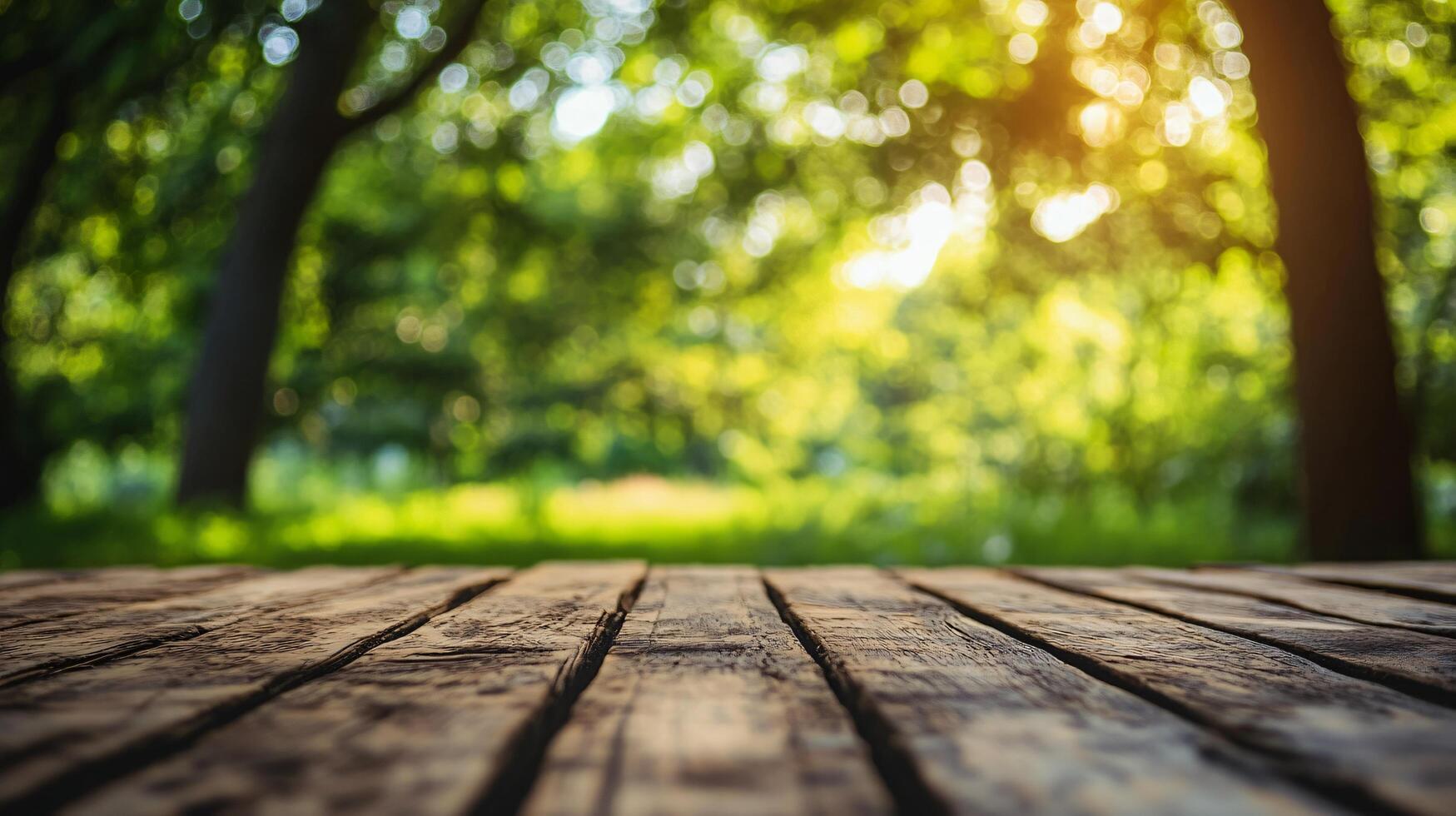 A wooden table with a view of trees and a bright sun photo