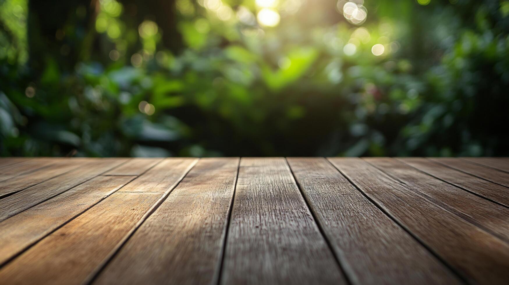 A wooden table with a view of a forest photo