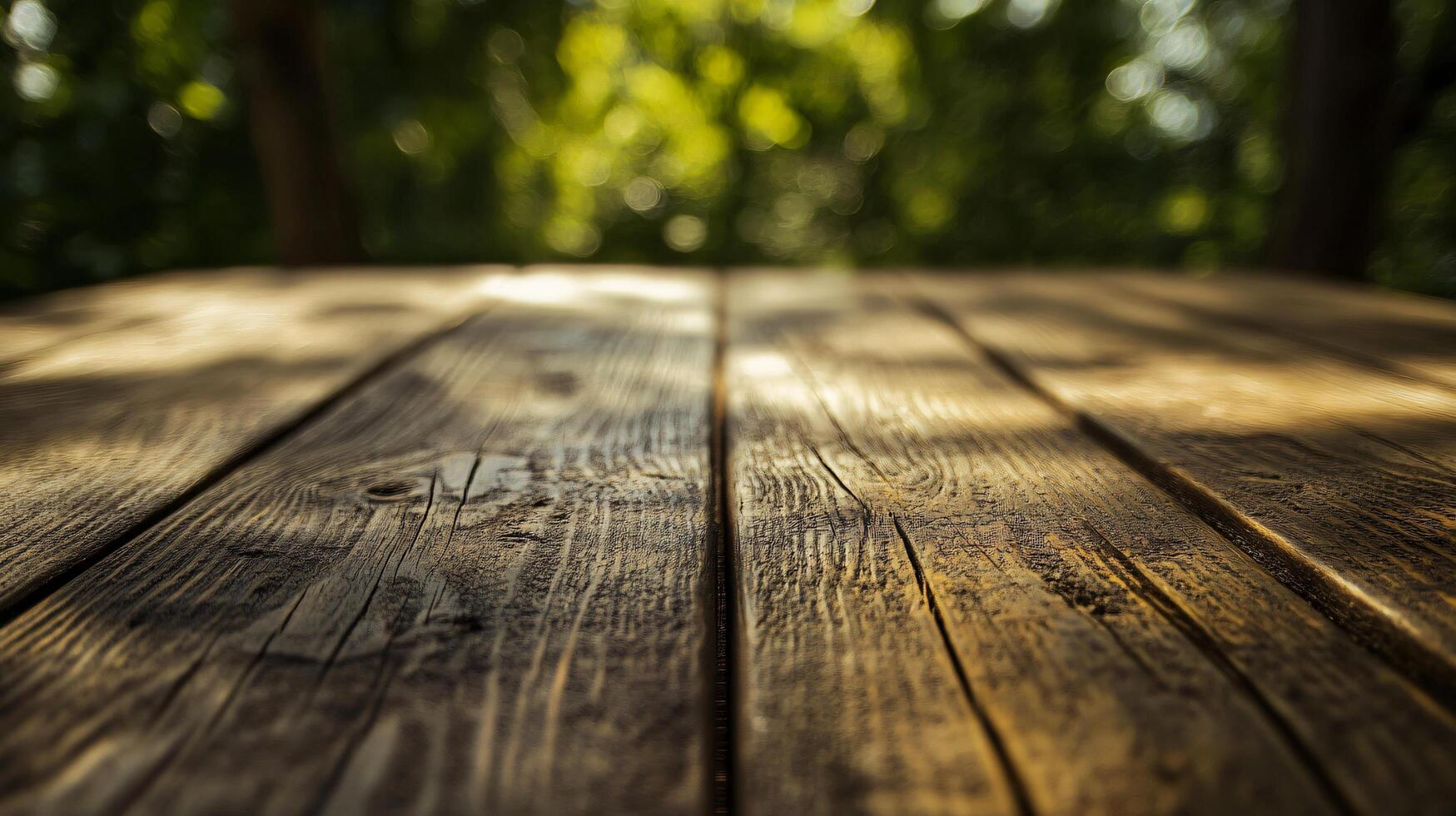 A wooden table with a view of the forest photo