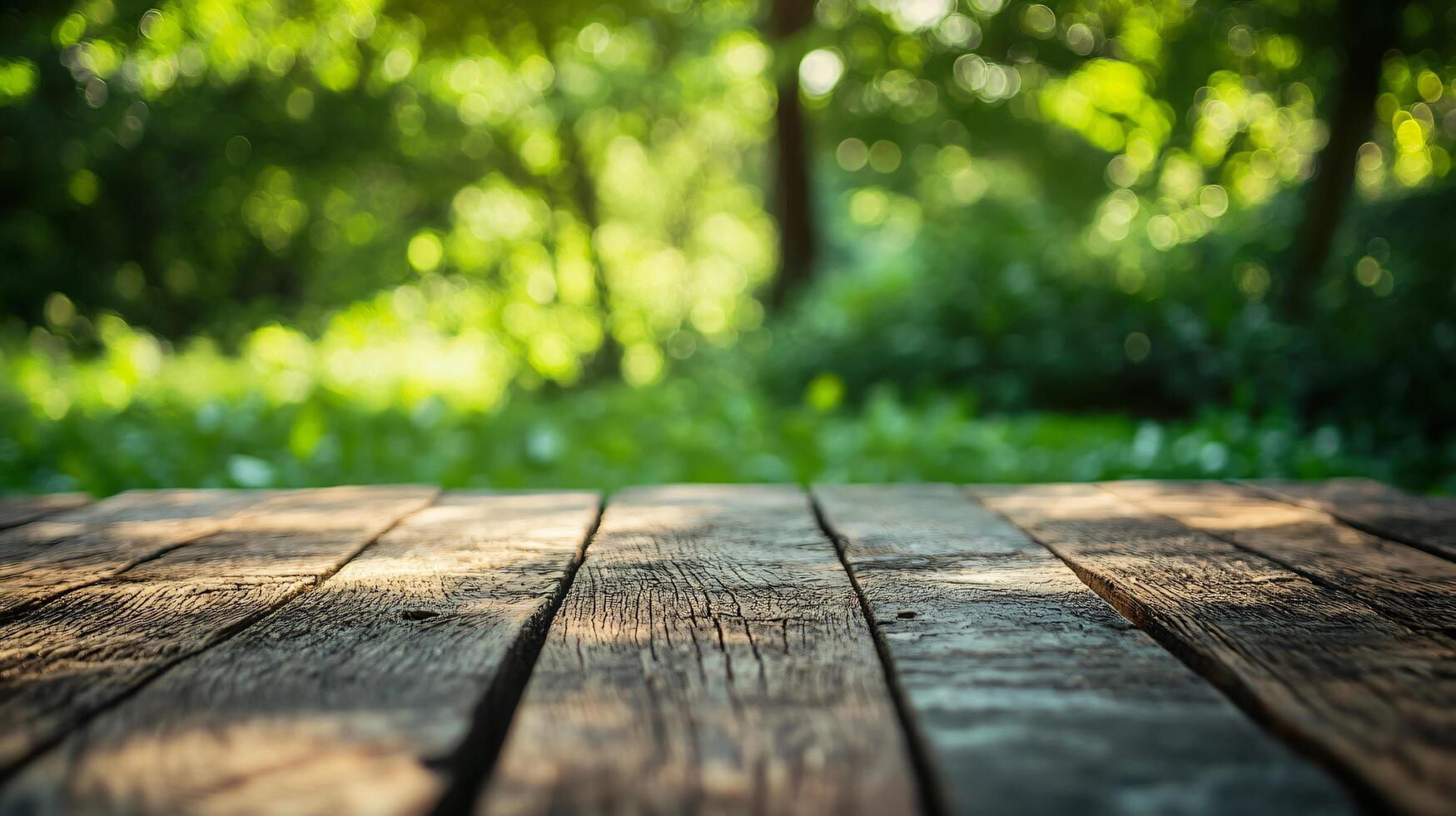 A wooden table with a view of a lush green forest photo