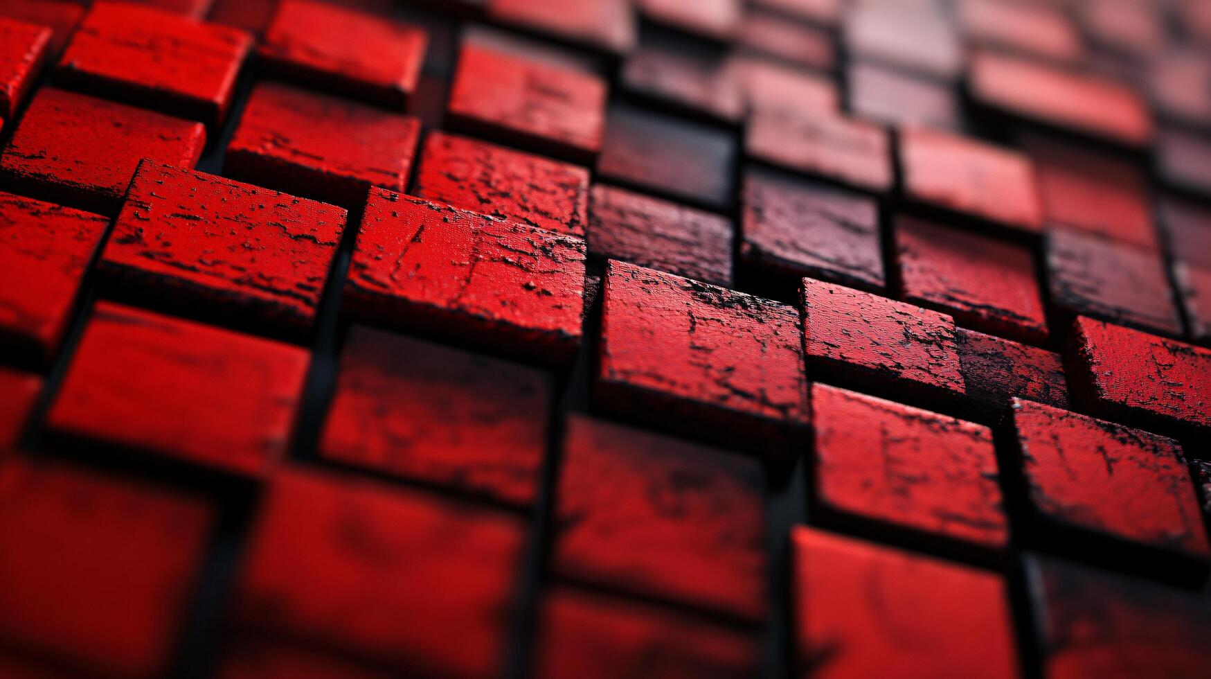 A close up of a red brick wall with a red and black pattern photo