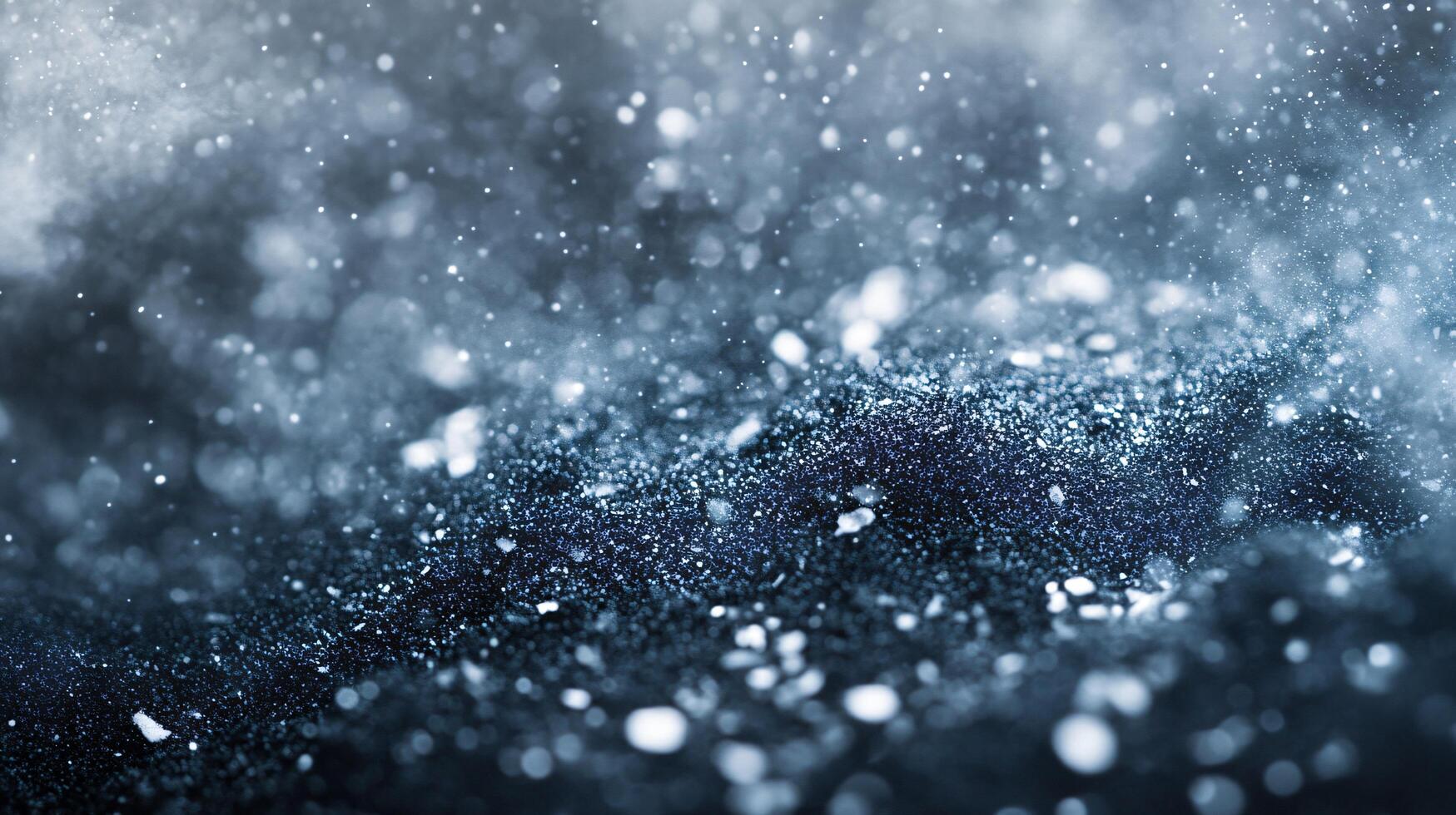 The image is a blurry blue and white photo of snowflakes falling on a surface