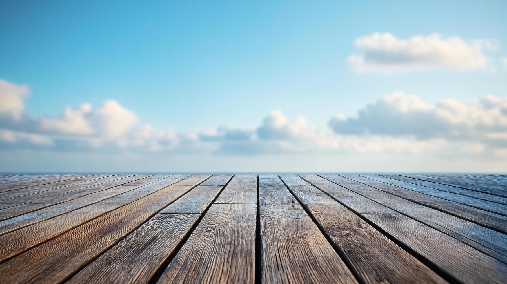 A wooden deck with a clear blue sky in the background photo