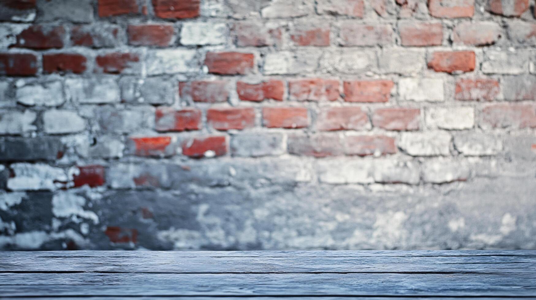 A brick wall with a wooden table in front of it photo