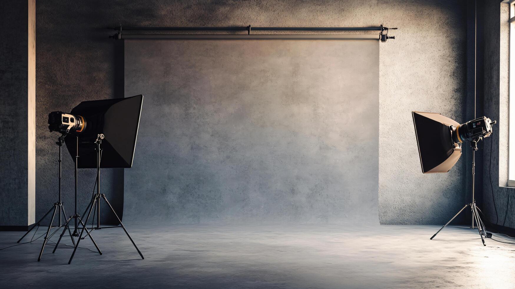 A studio with two lighting setups and a blank wall photo