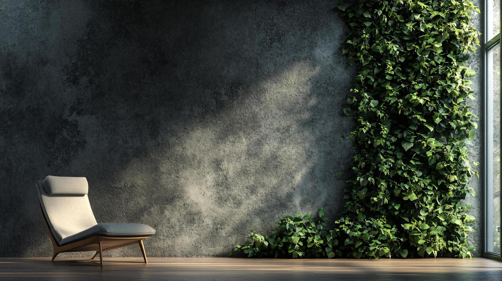 A chair is sitting in front of a wall with a green plant growing out of it photo
