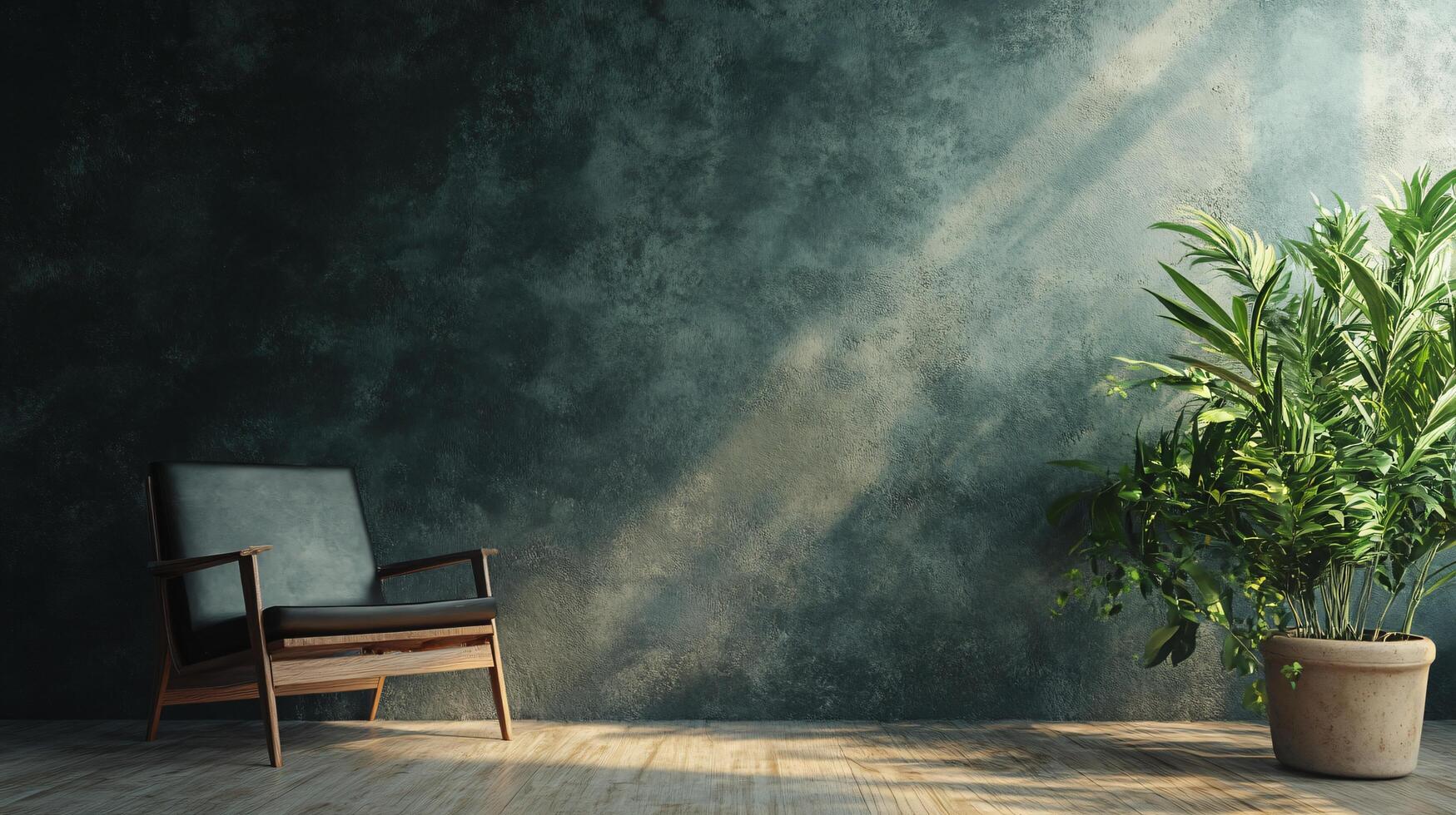 A chair is sitting in front of a wall with a plant in a pot photo