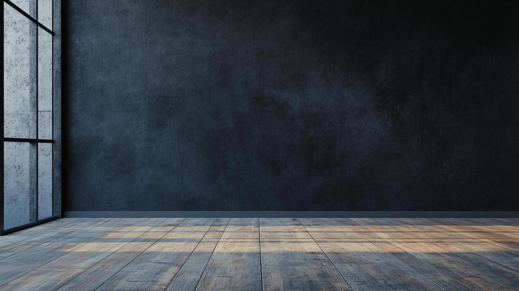 A large empty room with a window and a wall photo