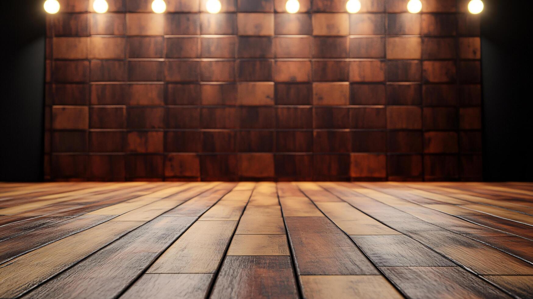 A large empty room with a wooden wall and a wooden floor photo