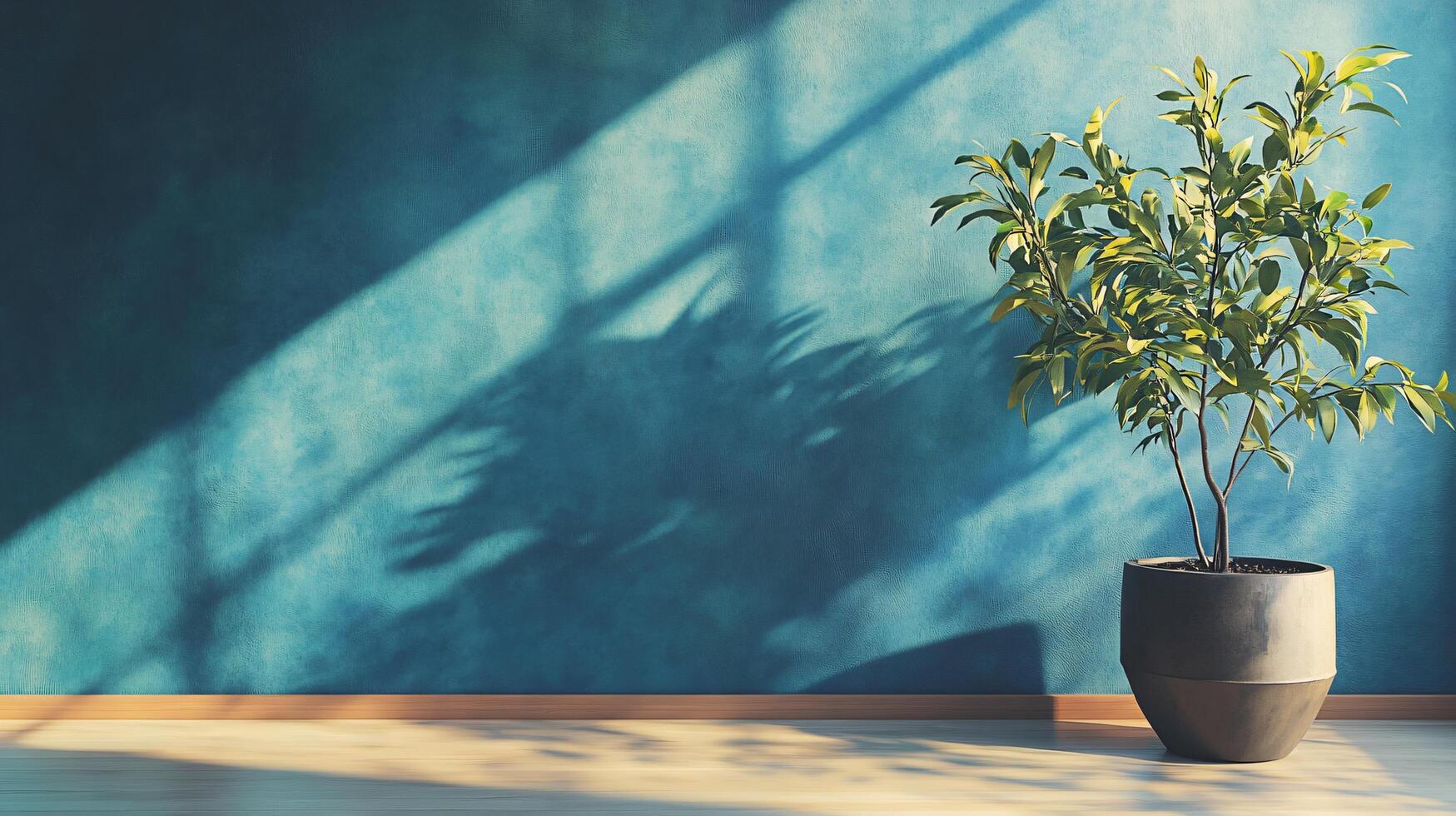 A large potted plant sits in front of a blue wall, casting a shadow on the floor photo