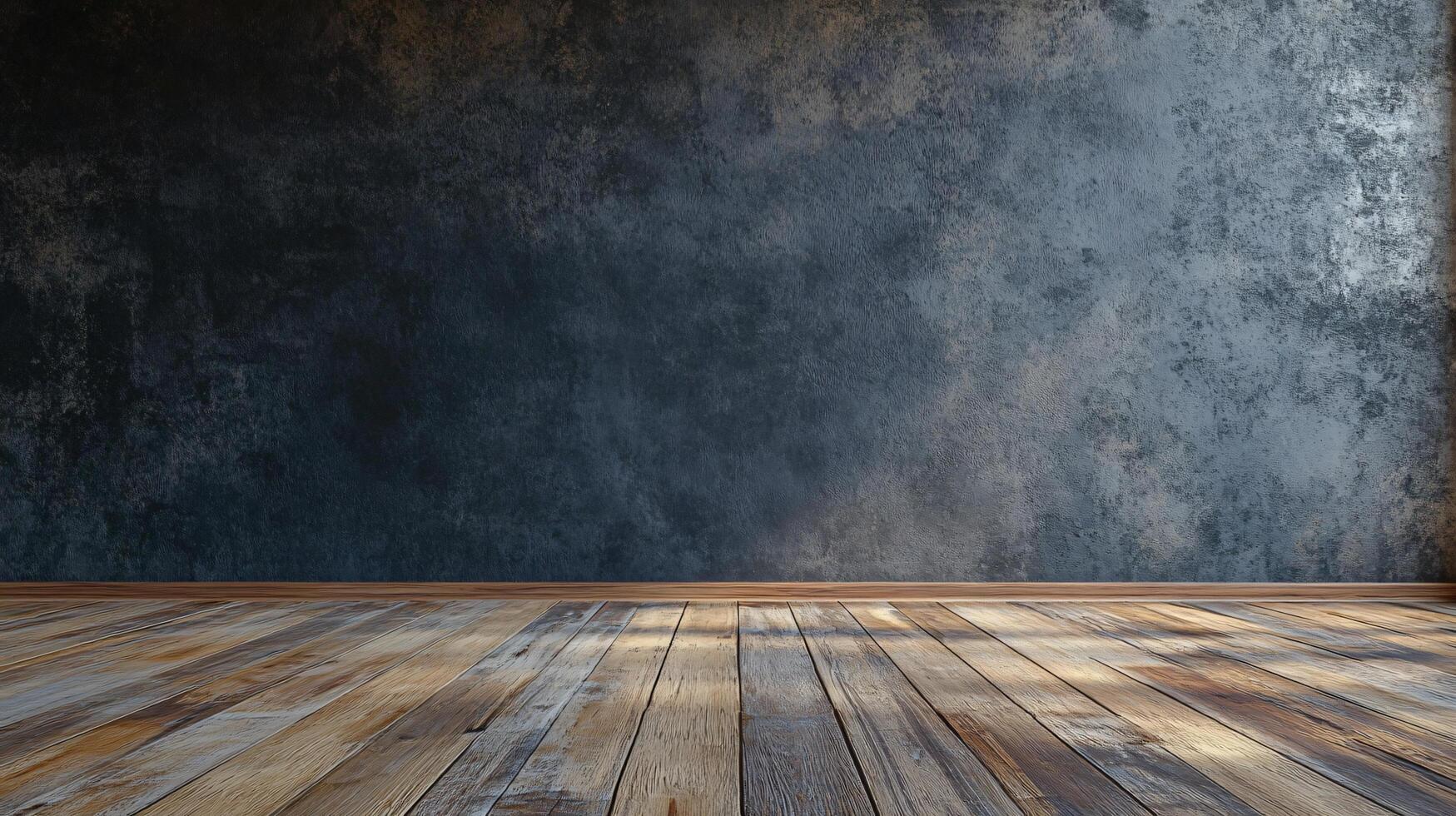 A large empty room with a wooden floor and a wall photo