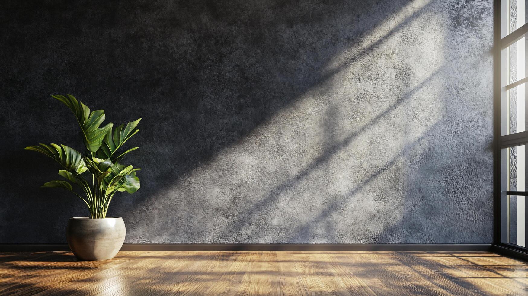 A large window in a room with a plant in a vase photo