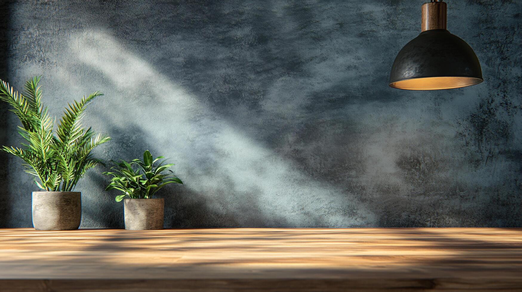 A table with two potted plants and a lamp photo
