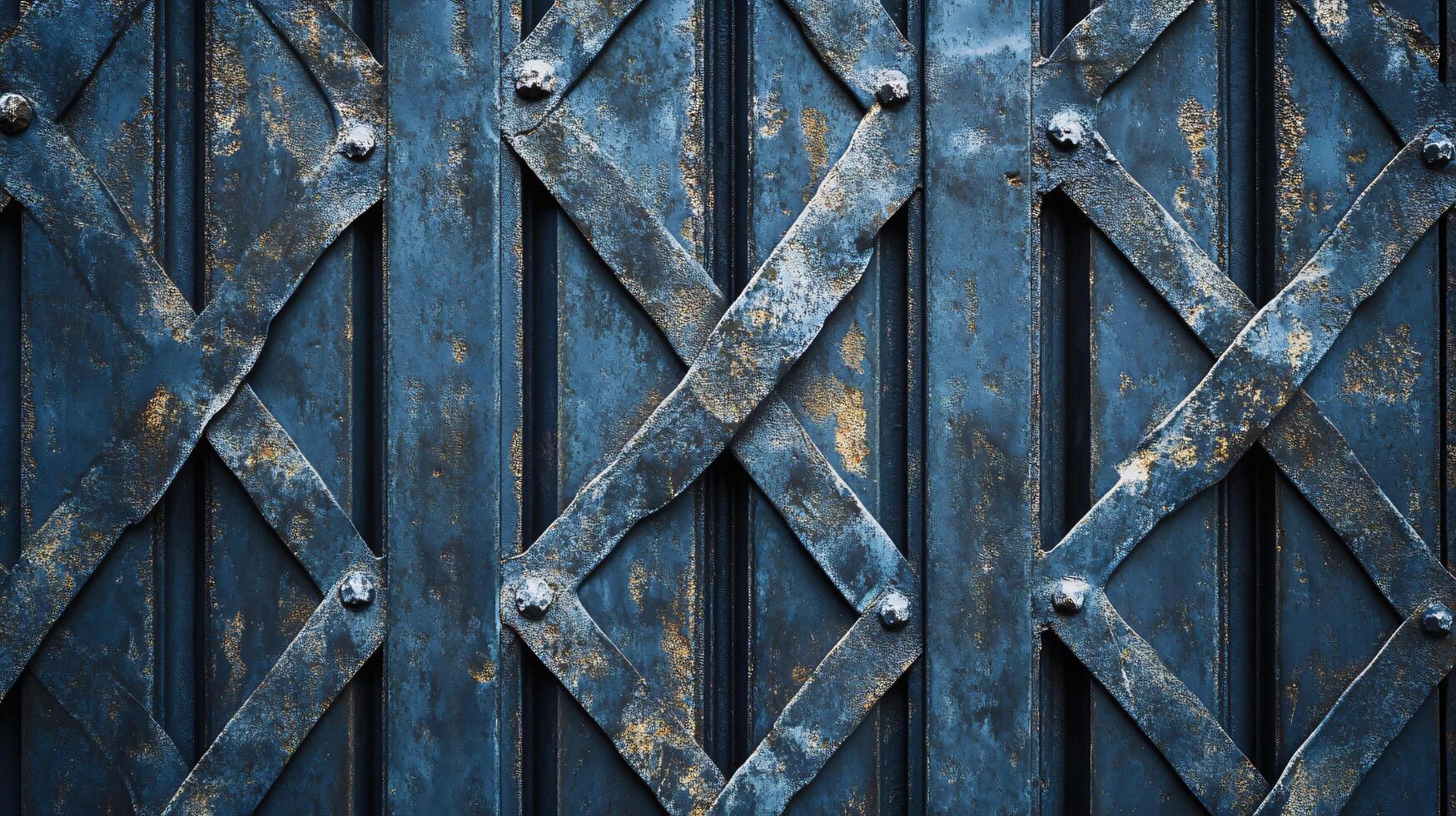 The image is of a rusted metal fence with a blue and gold pattern photo