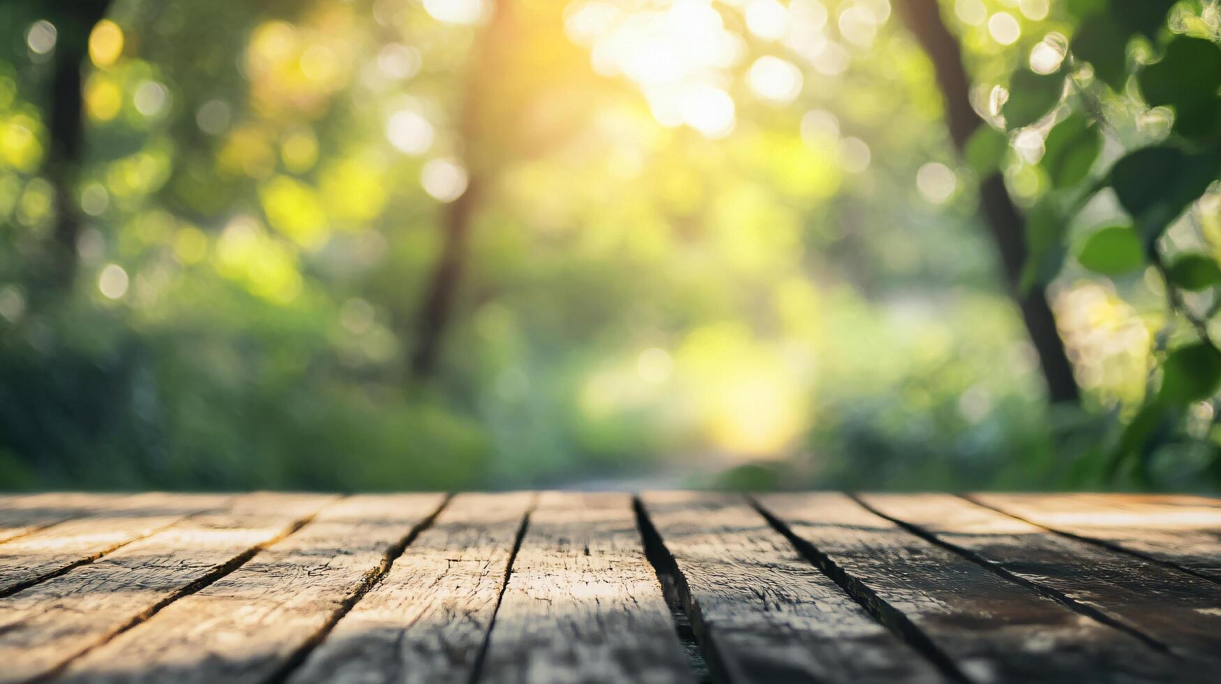A wooden table with a view of trees and a bright sun photo