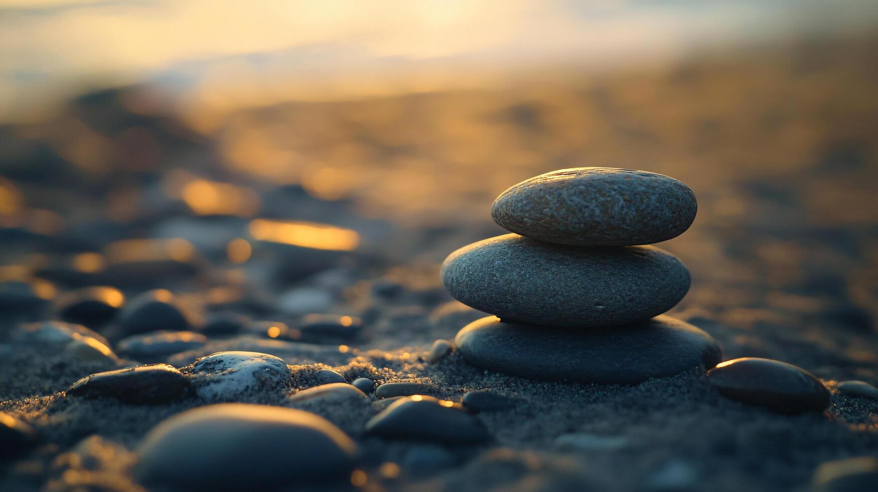 Three large rocks are stacked on top of each other on a beach photo