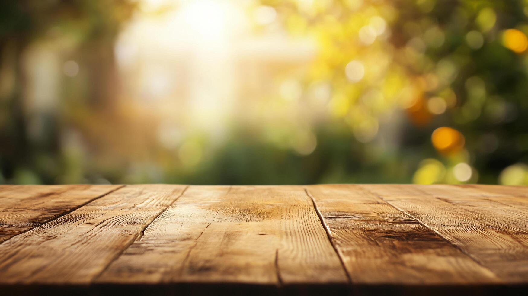 A wooden table with a view of trees and a bright sun photo
