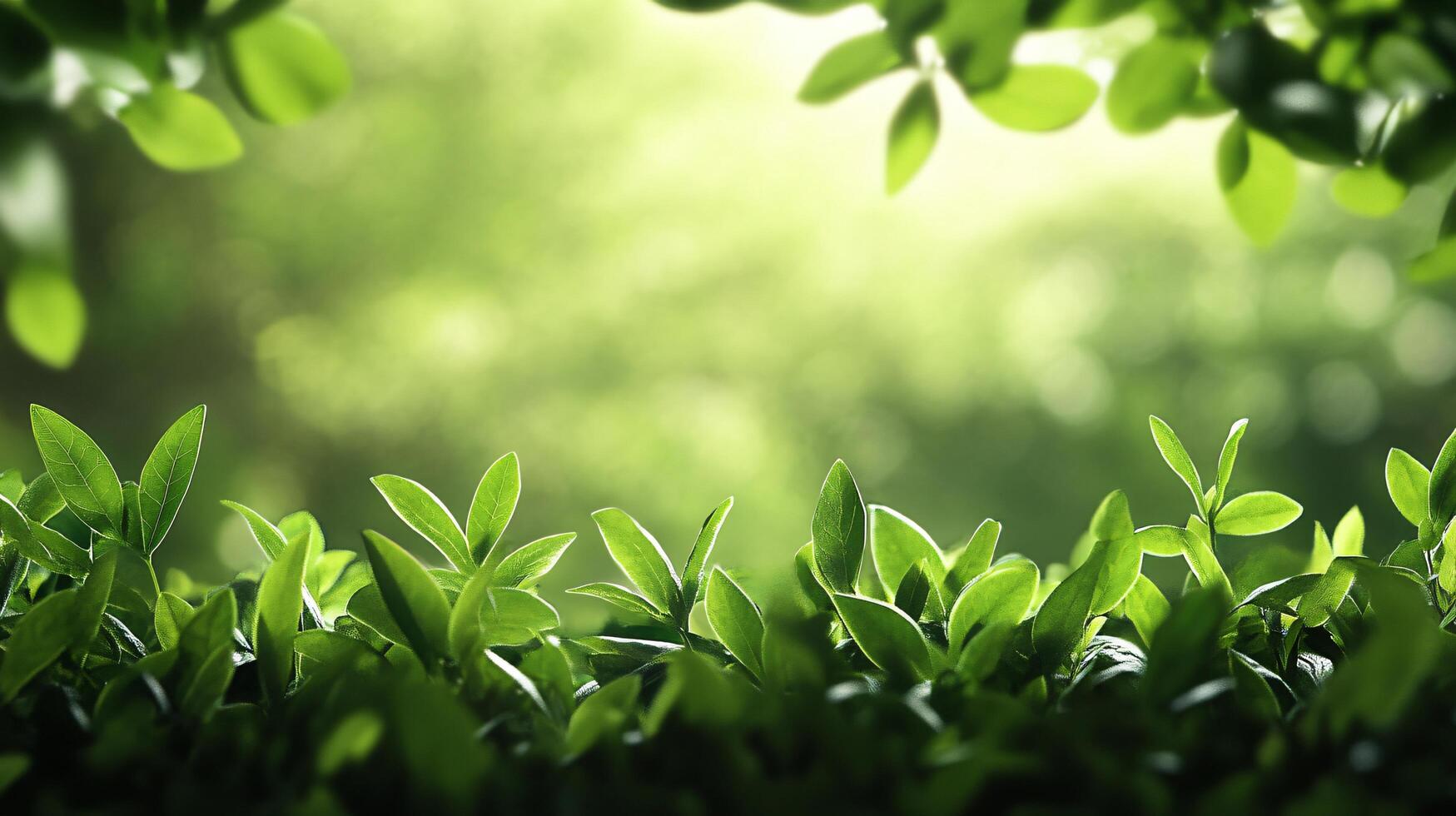 A lush green field with a few leaves in the foreground photo