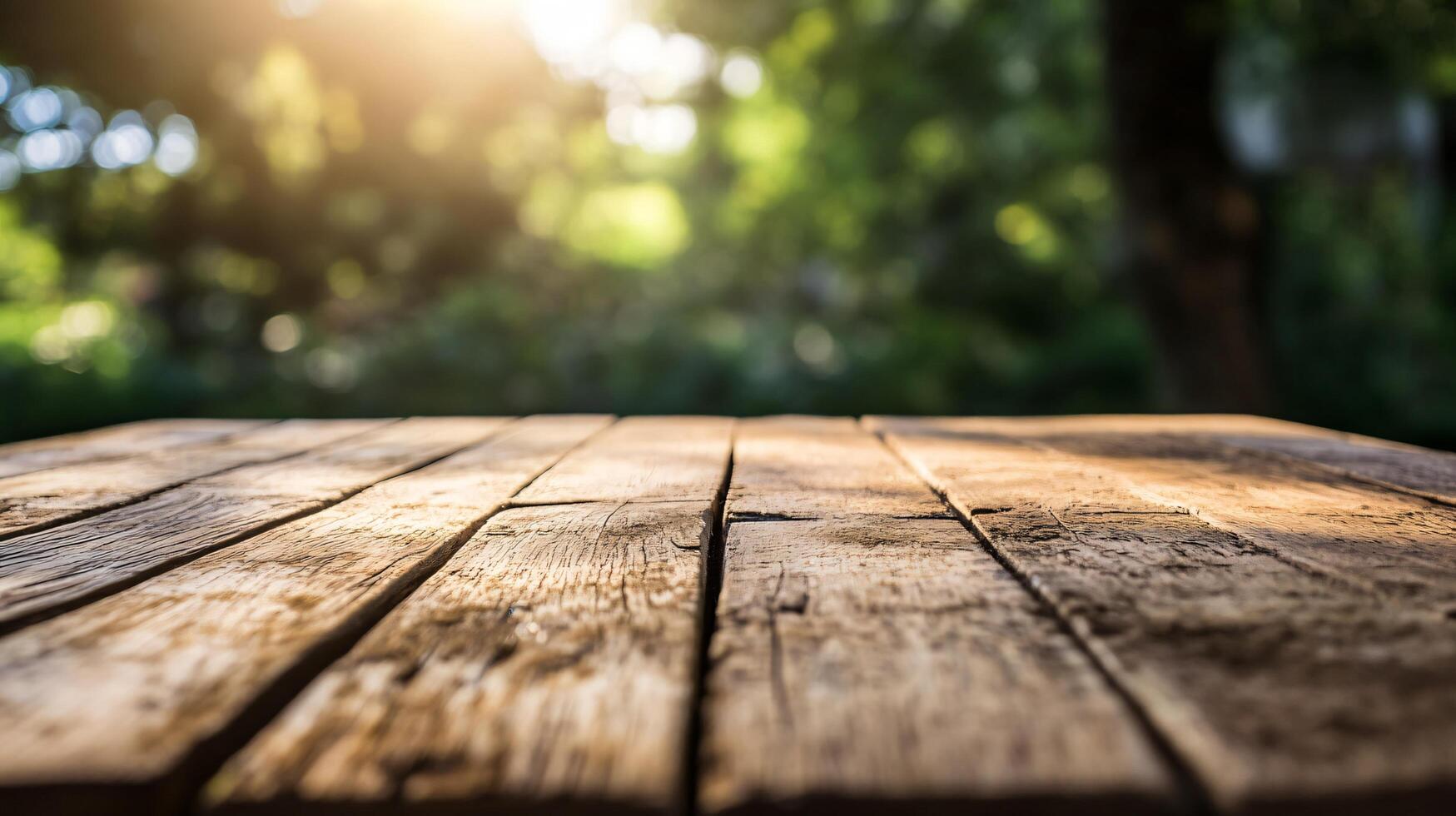 A wooden table with a view of trees and a bright sun photo