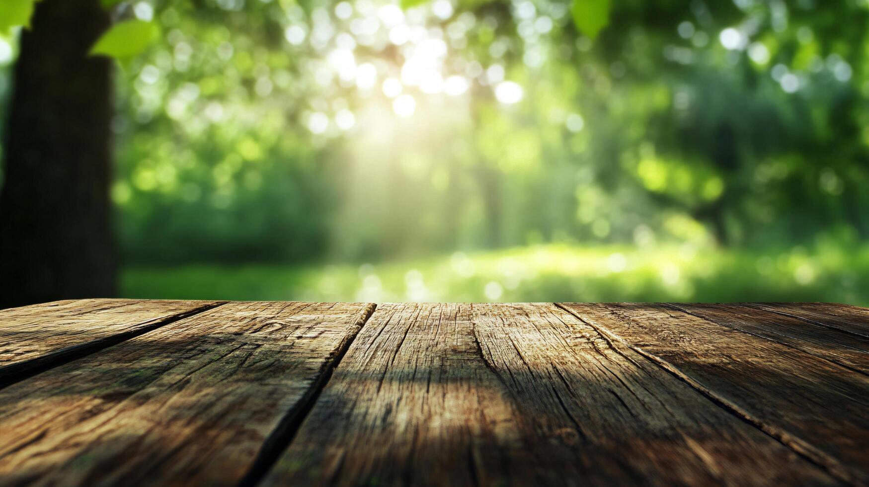 A wooden table with a view of a lush green field photo