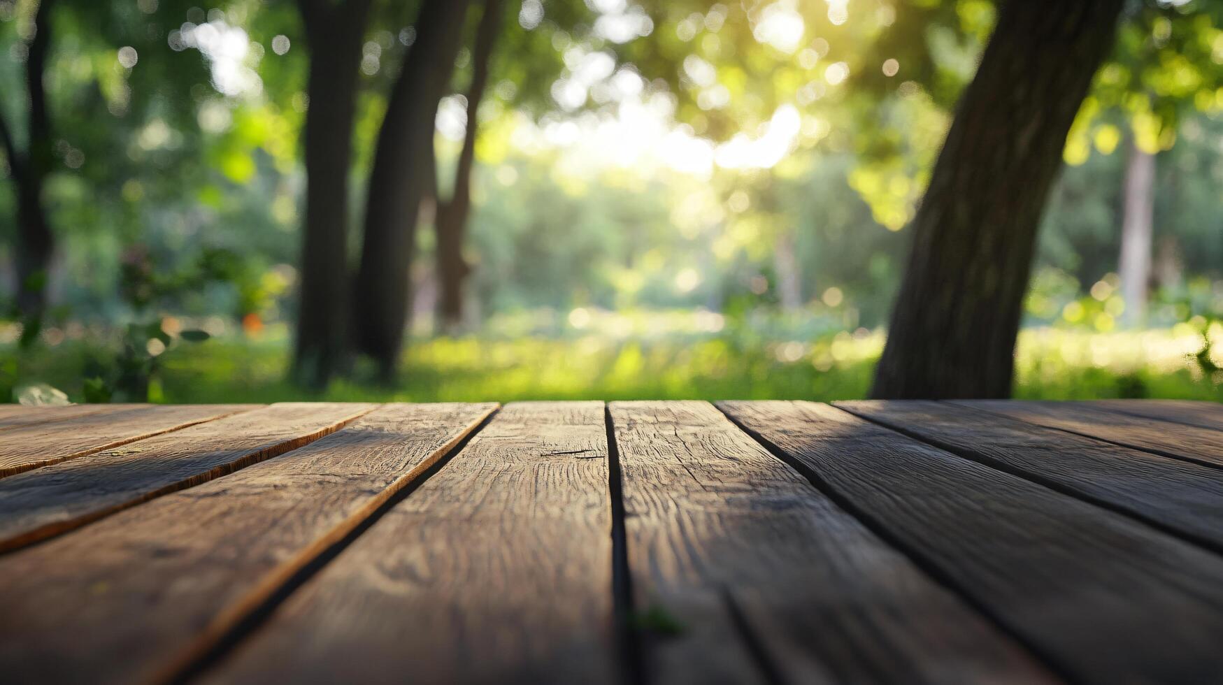 A wooden table with a view of trees and grass photo