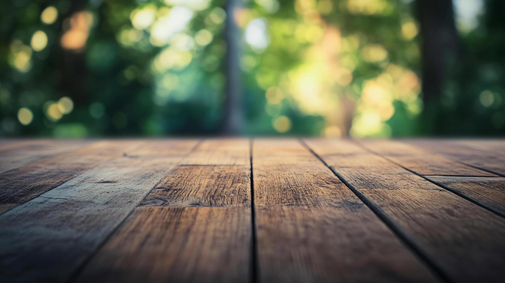 A wooden table with a view of trees in the background photo