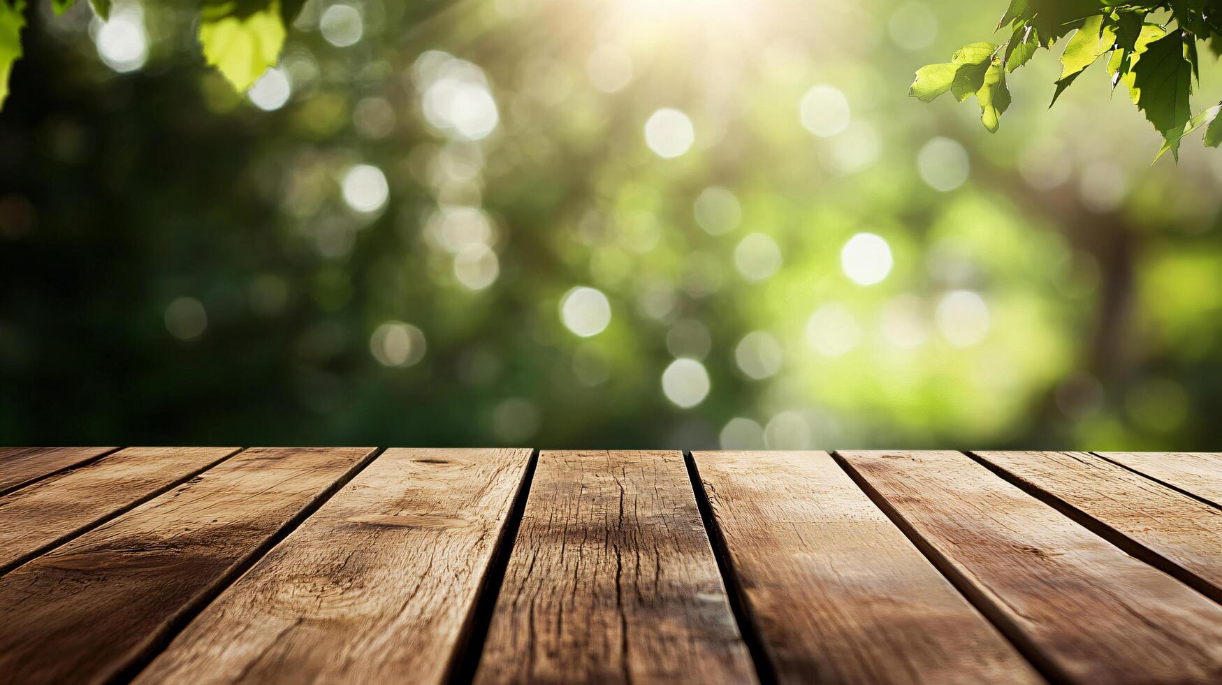 A wooden table with a view of trees and a bright sun photo
