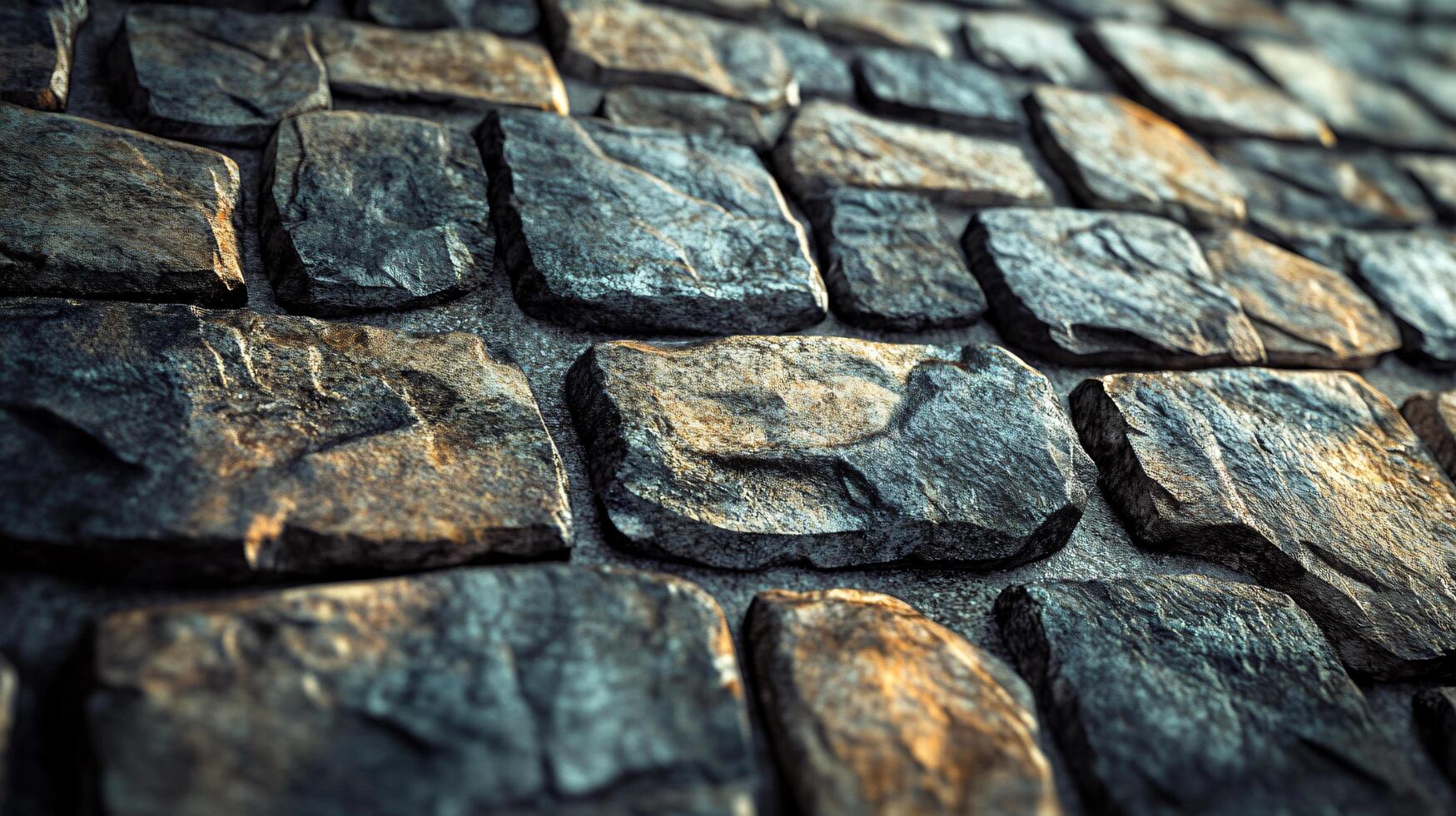 A close up of a stone wall with a blue and brown color scheme photo
