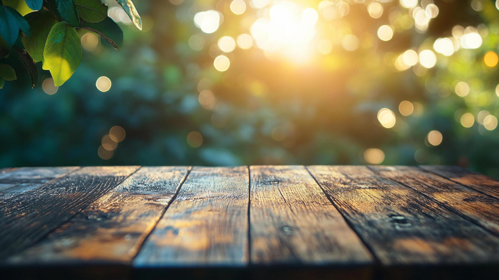 A wooden table with a view of trees and a bright sun photo
