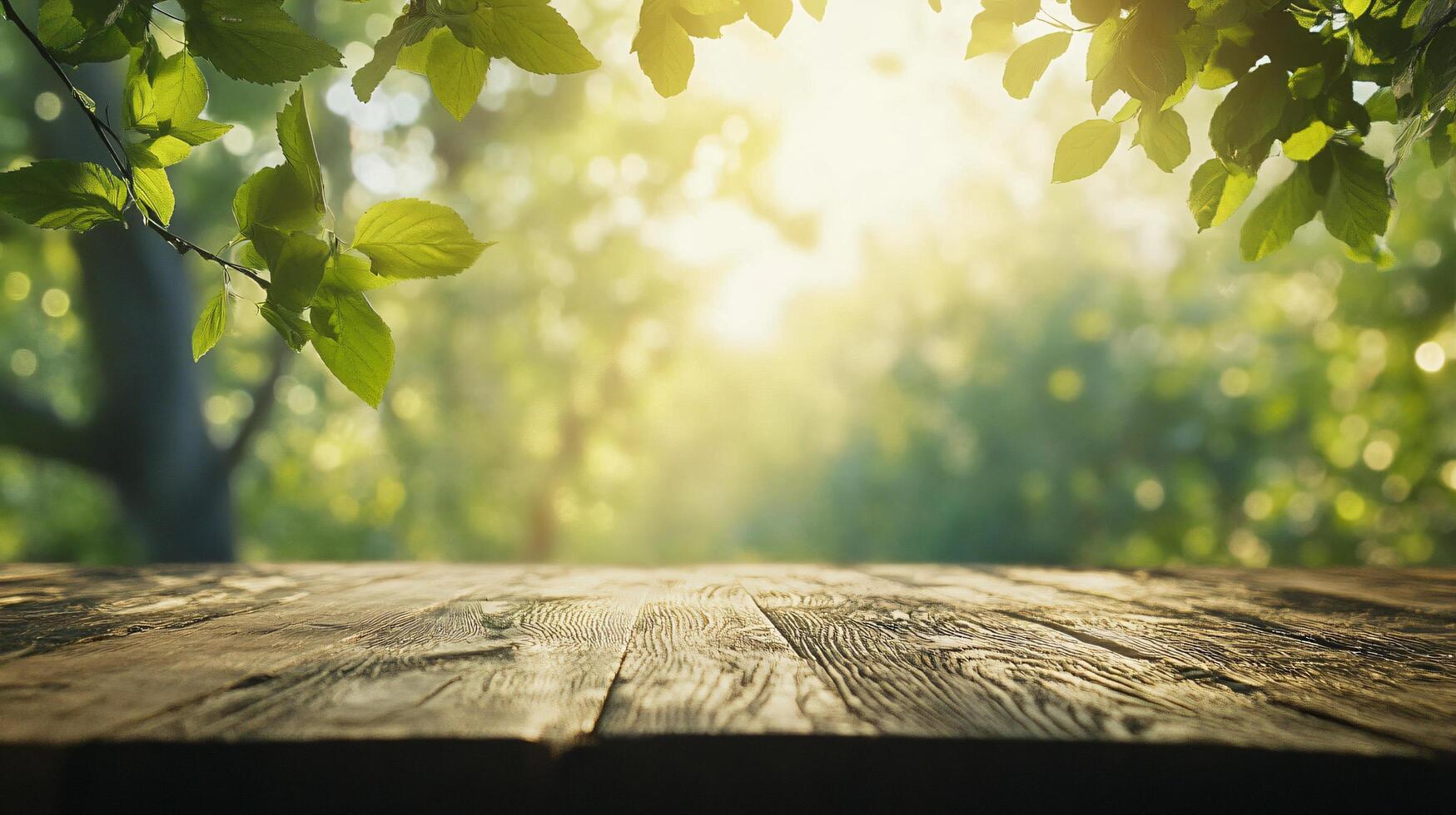 A wooden table with a view of a tree and leaves photo