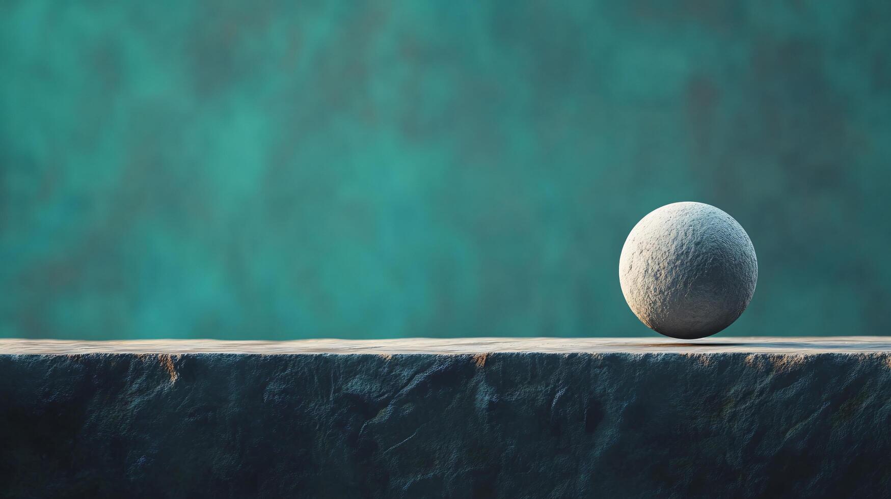 A small white ball is sitting on a ledge next to a blue wall photo