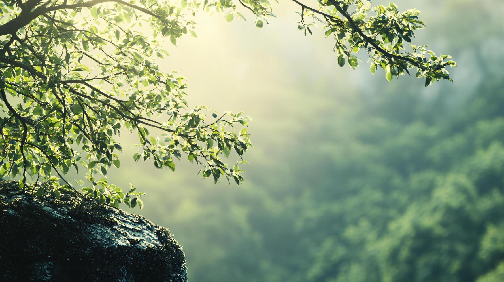 A tree with leaves is in the foreground and a mountain is in the background photo