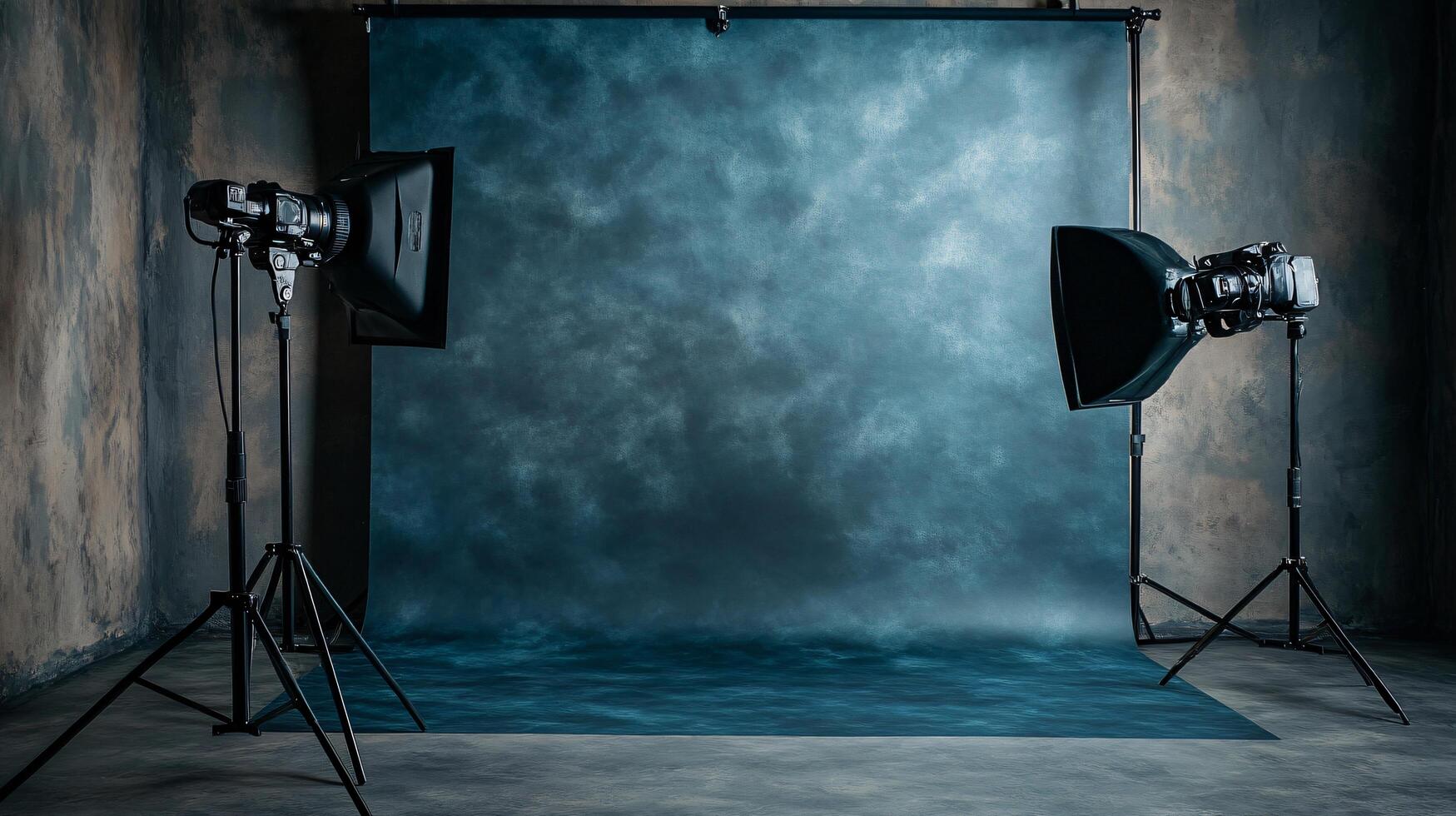 A blue backdrop with two lights on it photo