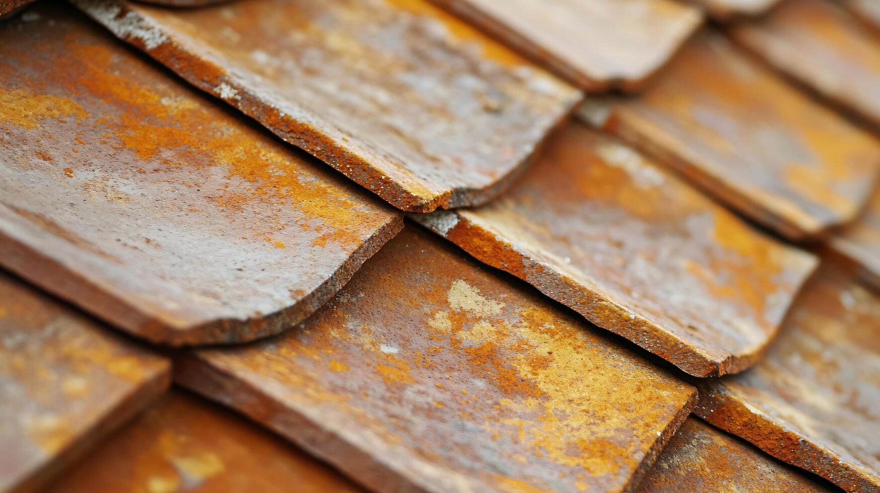 The roof is old and rusty, with a lot of moss growing on it photo