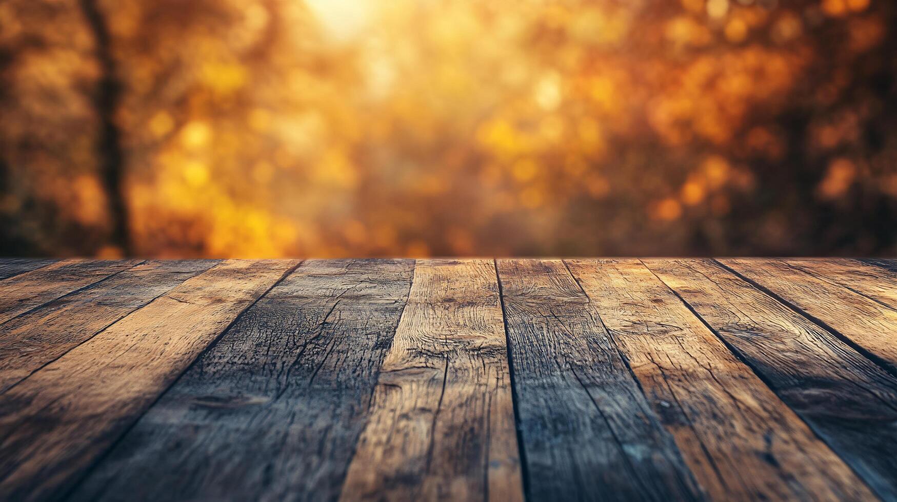 A wooden table with a view of trees and leaves photo