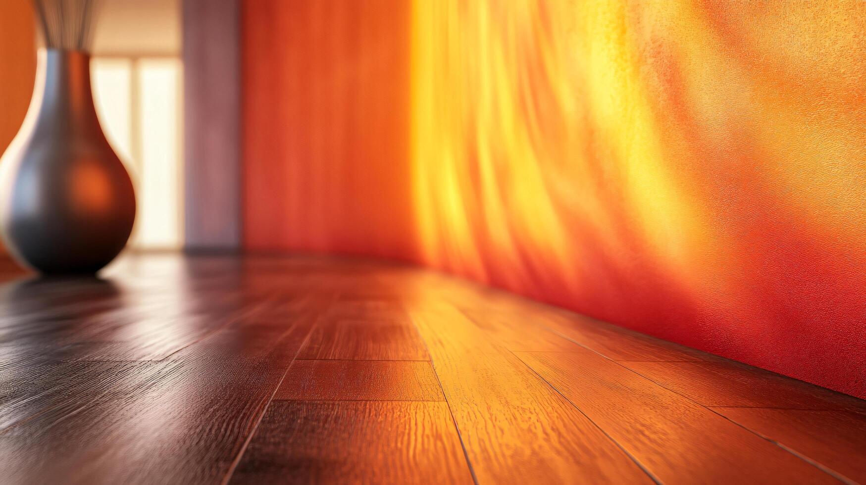 A vase sits on a wooden floor in front of a wall with a red and orange design photo