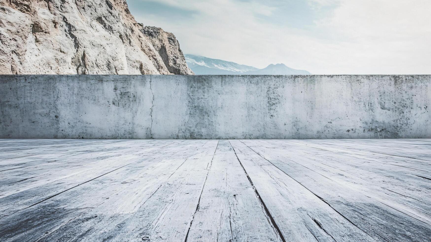 A large mountain range is visible in the background behind a concrete wall photo