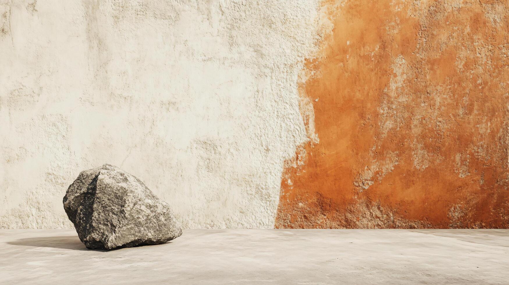 A large rock sits in front of a wall with a red and white paint job photo
