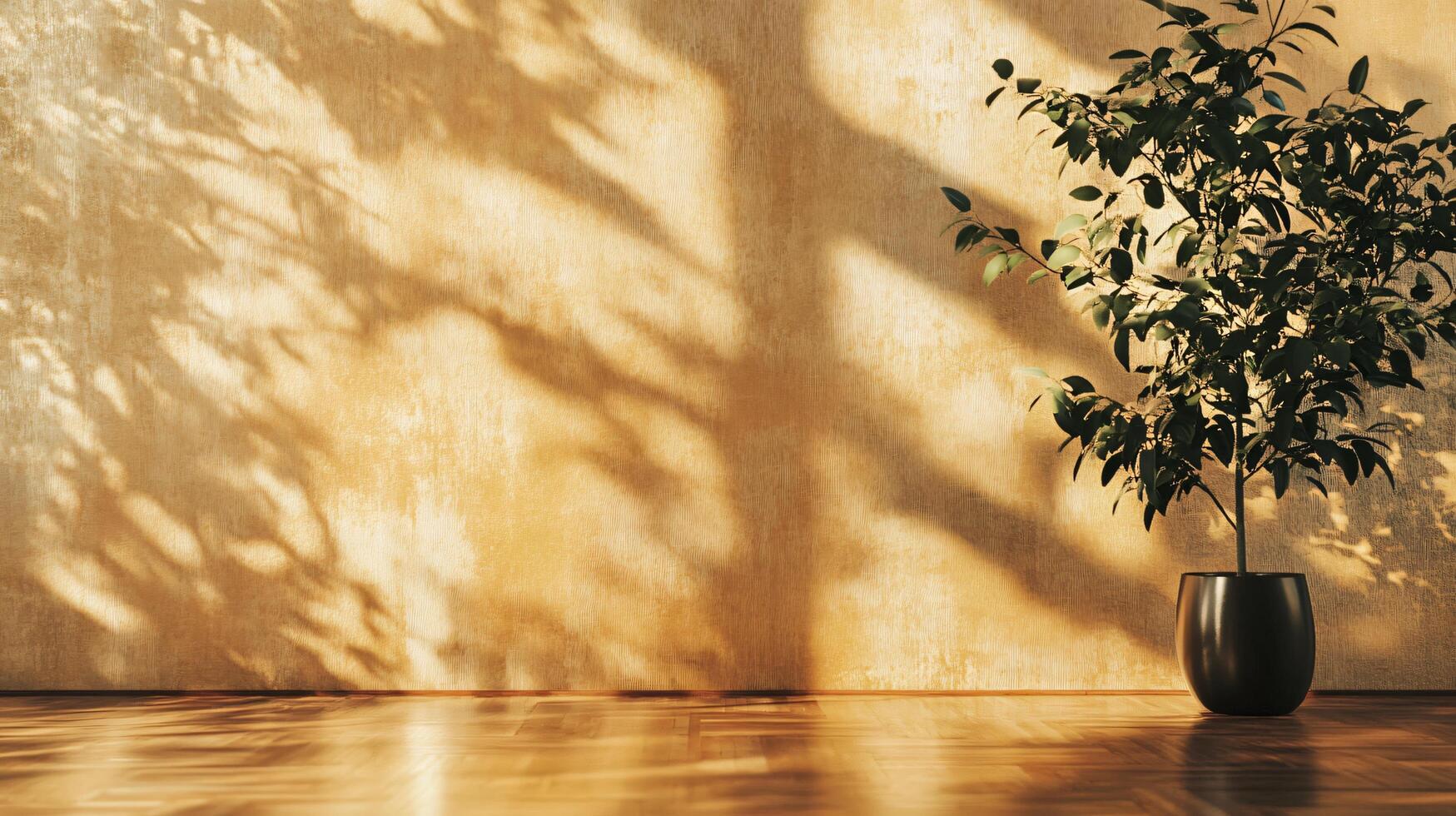 A large potted plant sits in front of a wall with a shadow on it photo