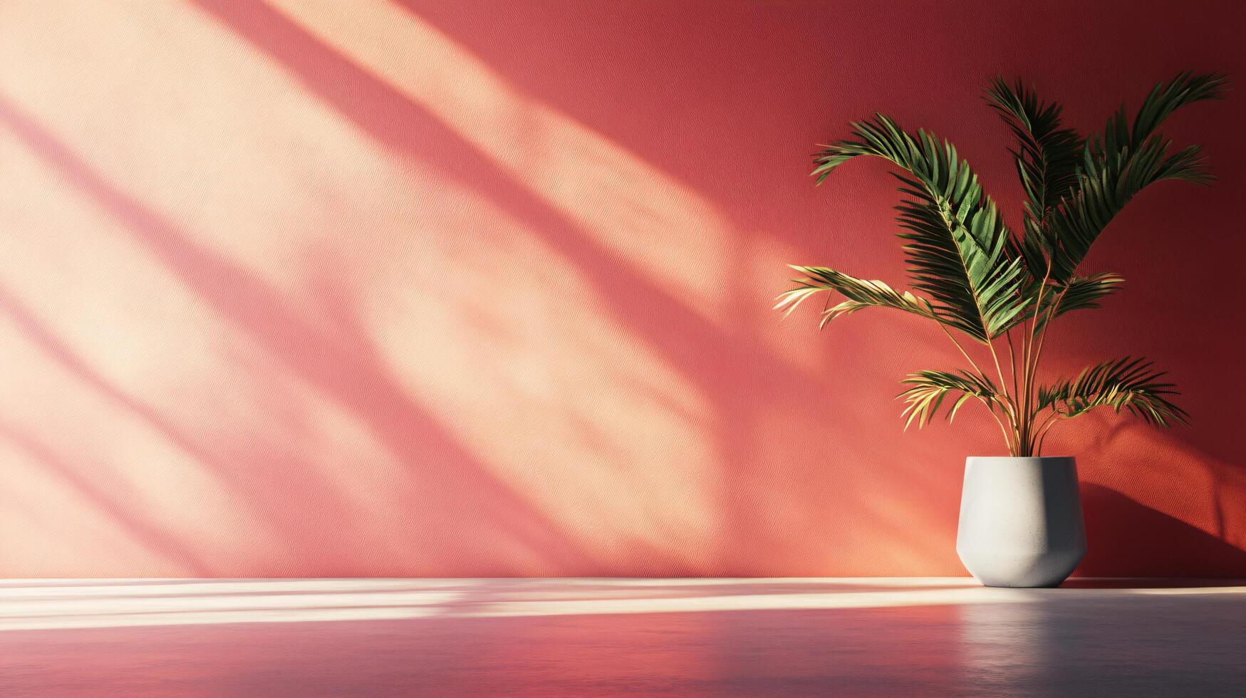 A white vase with a green plant in it sits in front of a red wall photo