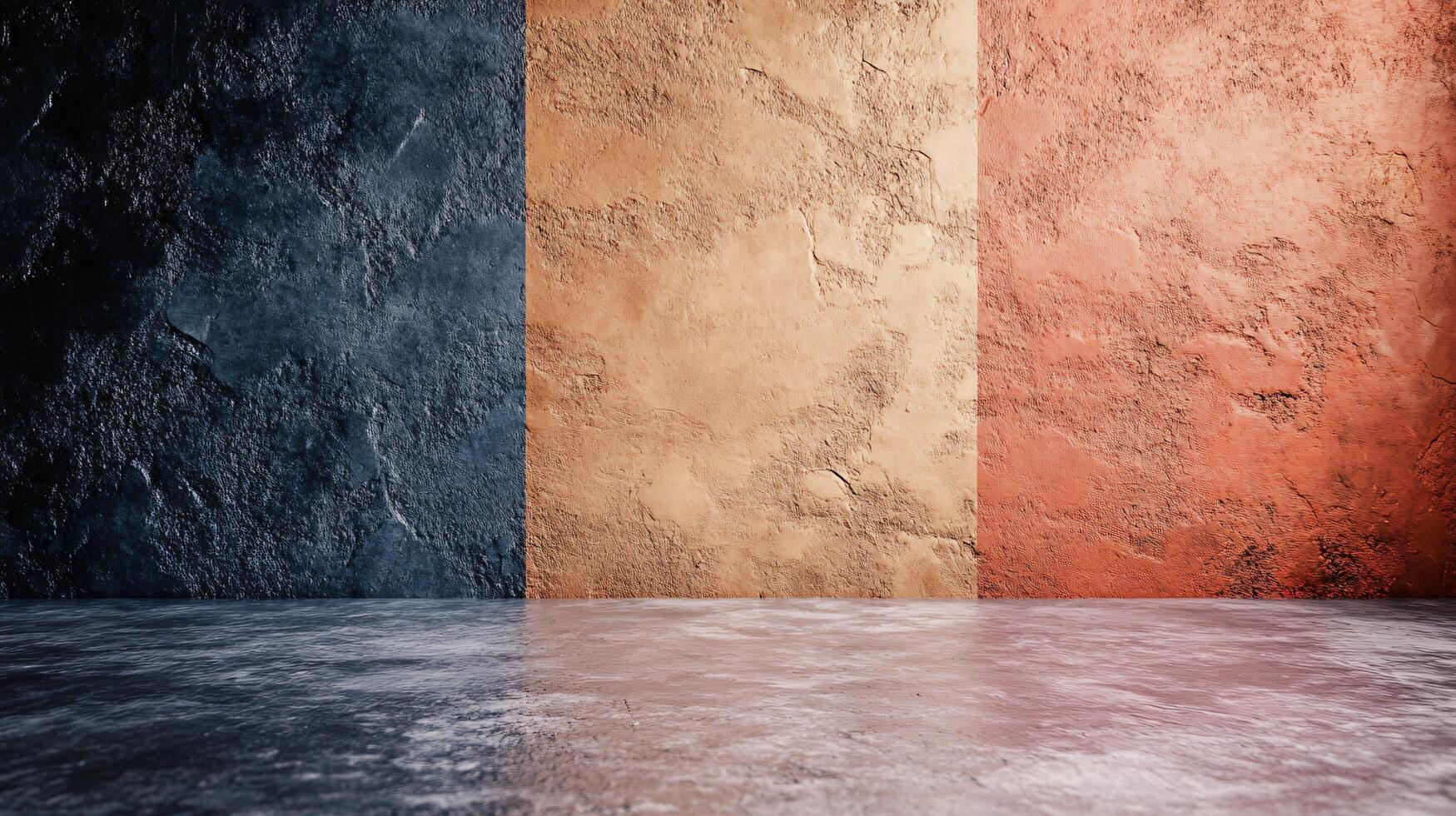 Three different colored walls with a white floor in between photo
